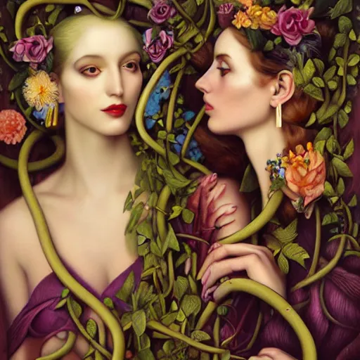 Prompt: dynamic composition, blonde woman with hair of spring flowers and vines wearing ornate earrings, ornate gilded details, pastel colors, a surrealist painting by tom bagshaw and jacek yerga and tamara de lempicka and jesse king, wiccan, pre - raphaelite, featured on cgsociety, pop surrealism, surrealist, dramatic lighting