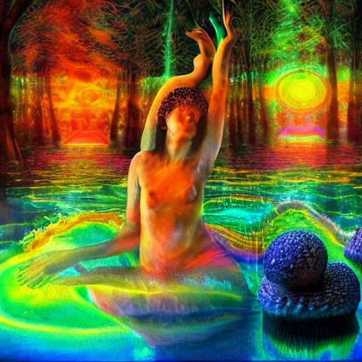 Image similar to goddess of mushrooms bathing in the glowing lake, fantasy painting, extremely psychedelic