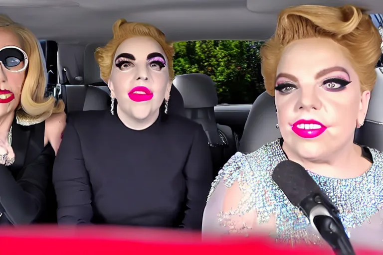 Image similar to carpool karaoke lady gaga and judy garland, highly realistic, highly detailed, high resolution, 8 k 4 k,