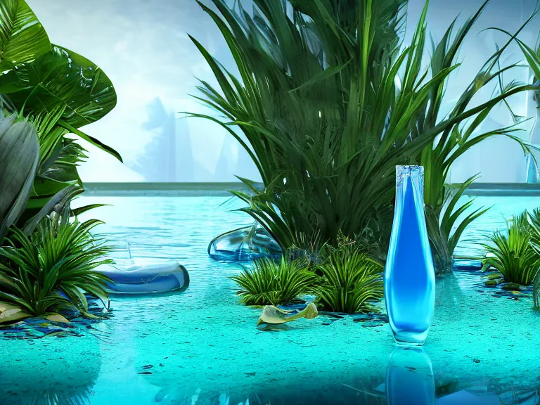 Image similar to perfume bottle standing in a desert oasis in deep blue pond water surrounded by tropical flowers by zaha hadid ; octane highly render, 4 k, ultra hd, 2 0 0 mm, mute dramatic colours, soft blur outdoor stormy sea background, illuminated lighting