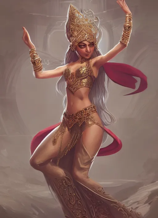 Prompt: a highly detailed illustration of an elegant elf arabian dancer, gracefully belly dancing pose, intricate, elegant, highly detailed, centered, digital painting, artstation, concept art, smooth, sharp focus, league of legends concept art, WLOP