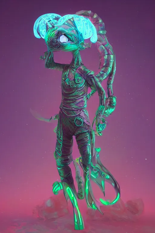 Prompt: frost worm companion, in the style of jim mcdermott and matt jefferies, trending on artstation, front lighting front view 6 0 s kitsch and psychedelia, character design, futuresynth, epic fantasy, sculpture