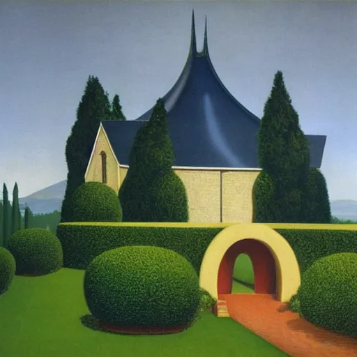 Prompt: elrond's house, rivendell, by rene magritte