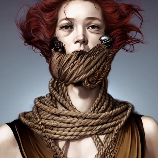 Image similar to portrait of a Shibari rope wrapped face and neck, headshot, insanely nice professional hair style, dramatic hair color, digital painting, of a old 17th century, old cyborg merchant, amber jewels, baroque, ornate clothing, scifi, realistic, hyperdetailed, chiaroscuro, concept art, art by Franz Hals and Jon Foster and Ayami Kojima and Amano and Karol Bak,