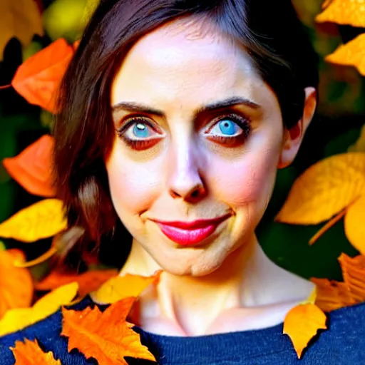 Prompt: gorgeous young Alison Brie, realistic character concept, full body, autumn leaves, orange yellow, medium shot, shorter neck, illustration, symmetrical face and body, realistic eyes, cinematic lighting, detailed realistic symmetrical eyes, symmetrical nose, symmetrical pupils, symmetrical nostrils, face by artgerm, symmetrical nose, high resolution, Don Bluth, Joshua Middleton, Charlie Bowater, Tom Bagshaw, single face, insanely detailed and intricate, beautiful