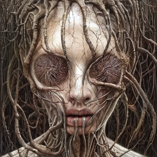 Prompt: Broken god, hyper-realistic oil painting, Body horror, biopunk, by Peter Gric, Marco Mazzoni