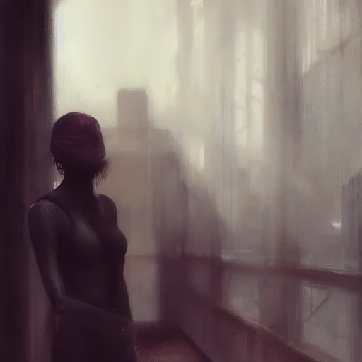 Image similar to detailed face of a woman, moment, cyberpunk cloisters, displays, tech noir, wet reflections, atmospheric, ambient, speed painting, livia prima, greg rutkowski, edward hopper