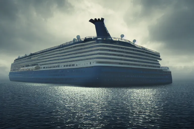 Prompt: photorealistic blue - toned photo of a cruise ship, brooding, atmospheric, lovecraft, horror, smooth, epic, highly detailed, cinematic, unreal engine render