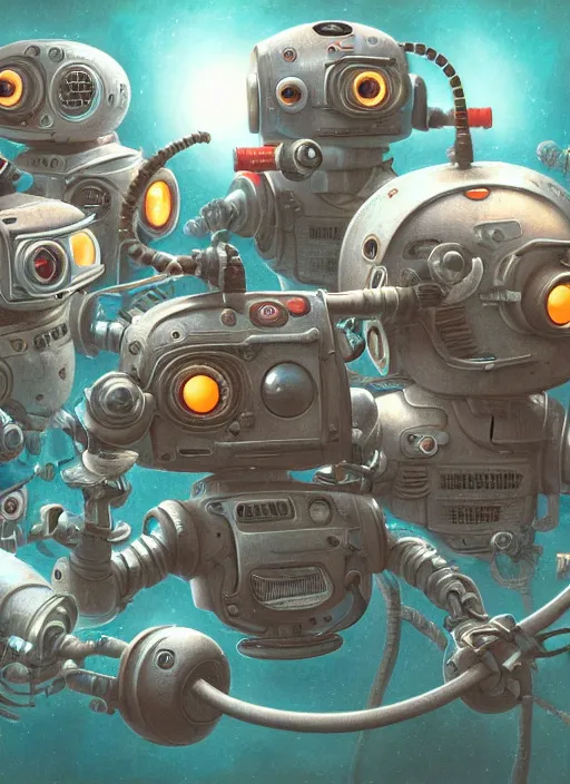 Image similar to highly detailed closeup, group portrait of a retro robots deep sea diving, unreal engine, nicoletta ceccoli, mark ryden, earl norem, lostfish, global illumination, detailed and intricate environment