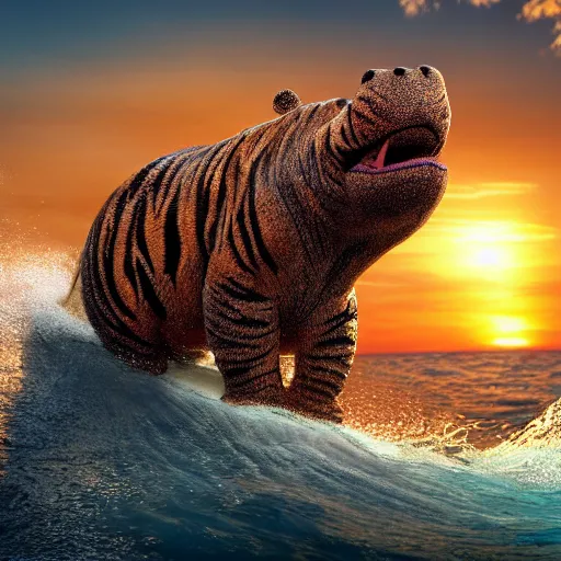 Image similar to a closeup photorealistic photograph of a cute smiling knitted tiger hippopotamus riding an epic wave at sunset. surf in the background. professional capture. brightly lit scene. this 4 k hd image is trending on artstation, featured on behance, well - rendered, extra crisp, features intricate detail, epic composition and the style of unreal engine.