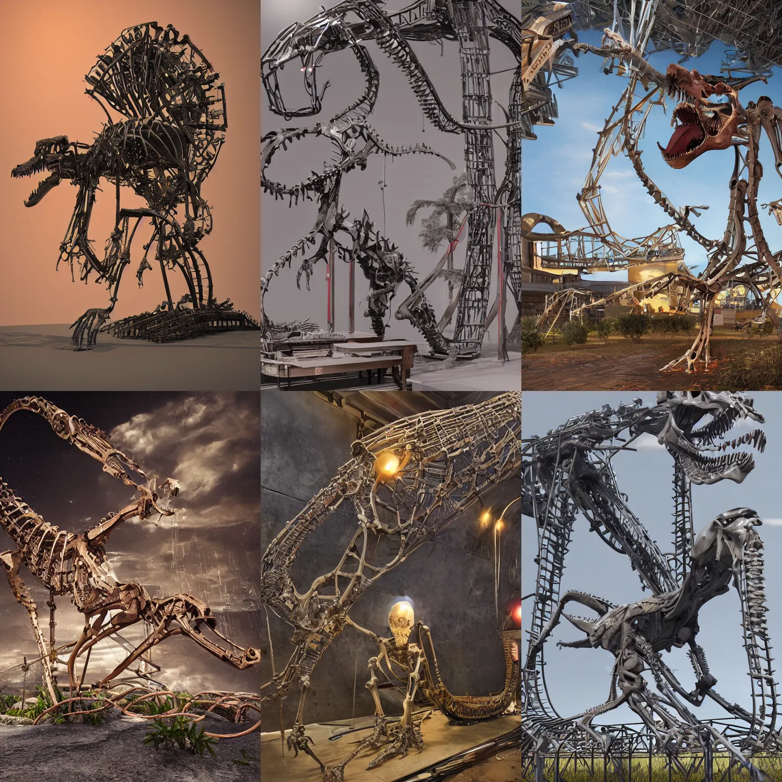 Prompt: Simple bionic exploded drawing dinosaur skeleton sculpture made from rollercoaster, with big chrome tubes, chains organs, by david lachapelle, by angus mckie, by rhads, in a dark empty black studio hollow, c4d, at night, rimlight, rimight, rimlight, c4d, blender donut tutorial, octane, by jonathan ivy