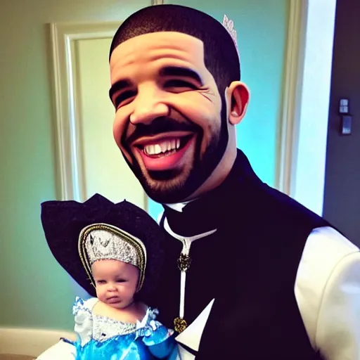 Image similar to drake giggling in a princess costume