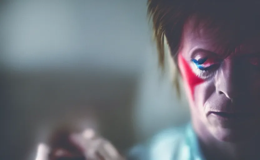 Image similar to David Bowie, beautiful composition, pastel colors, 50mm f1.8, ambient light,