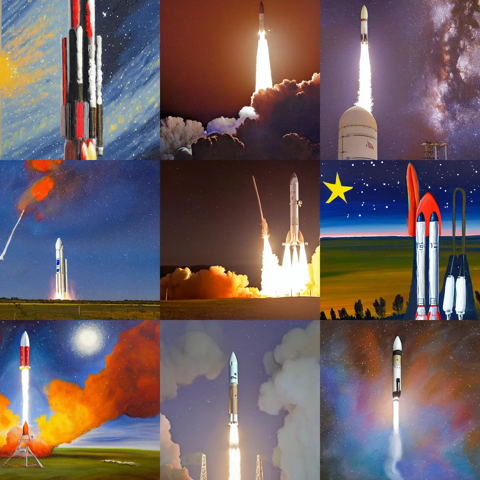 Prompt: australian space agency launches a rocket, broad strokes, painting, night