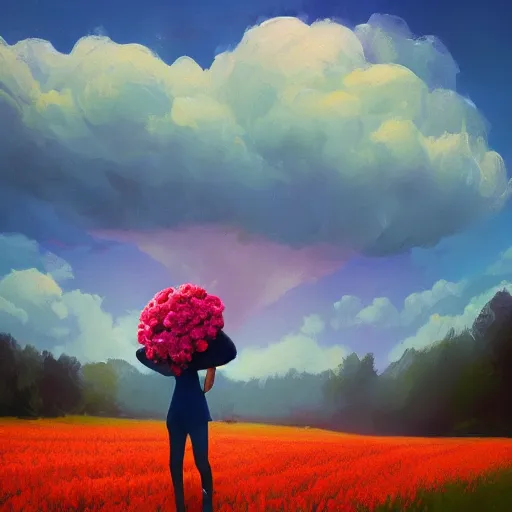 Image similar to girl with a giant carnation head, surreal photography, flower field, sunset dramatic light, impressionist painting, colorful clouds, blue sky, digital painting, artstation, simon stalenhag