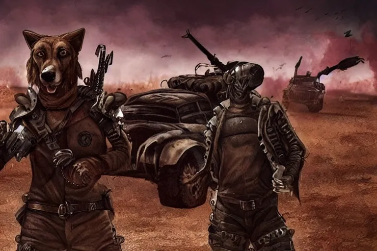 Image similar to a good ol'hound dog fursona ( from the furry fandom ), heavily armed and armored facing down armageddon in a dark and gritty version from the makers of mad max : fury road. witness me.