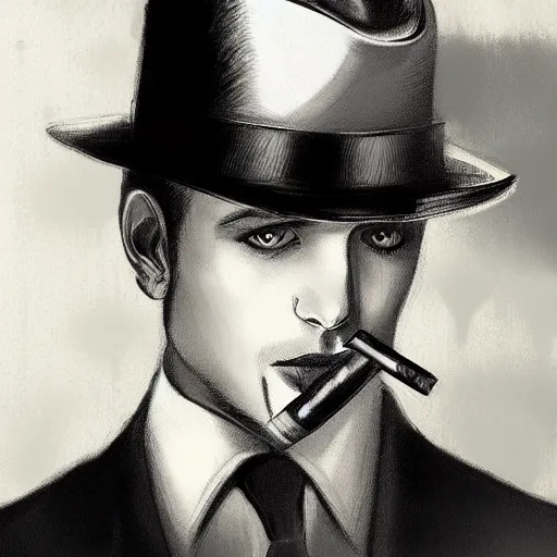 Image similar to noir detective wearing fedora and smoking a cigarette, raining, Artwork by Artgerm