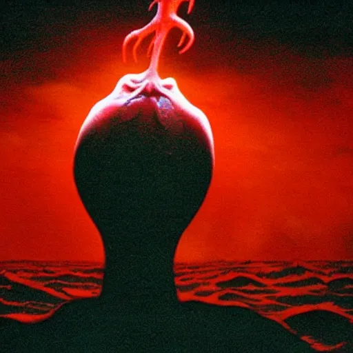 Prompt: the filmic anti - christ rising from a red ocean. ominous. vivid color detailed photograph from a 1 9 9 0 s horror movie. alien squid in the background.