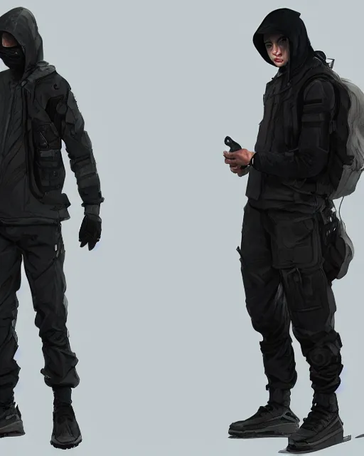 Prompt: Medium shot of a character wearing techwear in the style of greg rutkowski