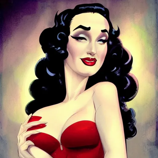 Image similar to a pinup illustration of dita von teese in the style of anna dittmann and in the style of alex maleev.