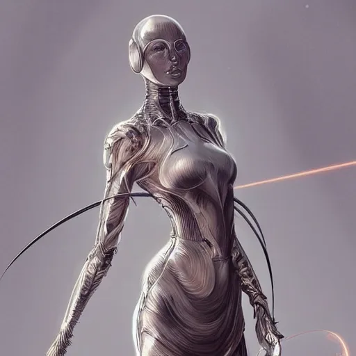 Prompt: futuristic fashion model, physically accurate, dynamic lighting, intricate, elegant, highly detailed, digital painting, artstation, HR GIGER, Hieronymus Bosch, Francis Bacon, concept art, smooth, sharp focus, illustration, art by artgerm and greg rutkowski and alphonse mucha