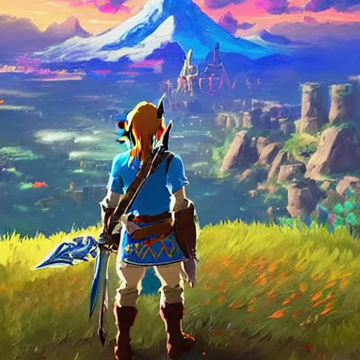 Image similar to oil painting of zelda breath of the wild, mountain in the background. beautiful, rpg, dnd, artgerm, disney, pixar