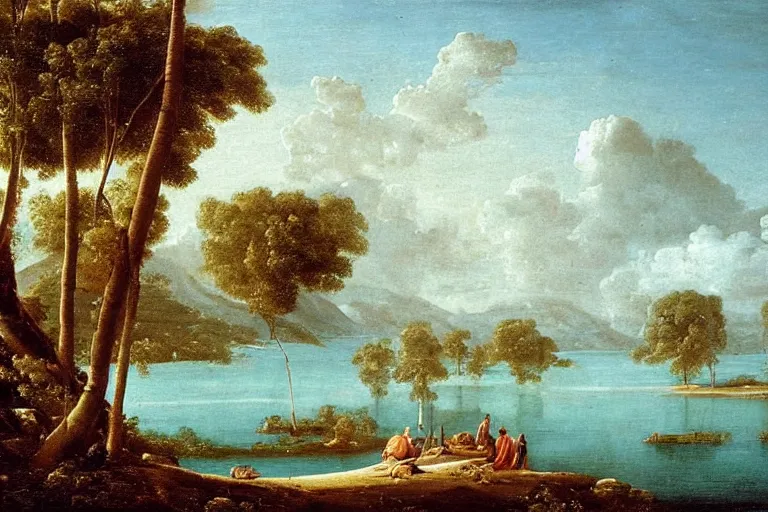 Image similar to beautiful landscape with winter and lake and coconut trees, mythology, fantasy, landscape background, vivid colors, digital painting, very detailed, realistic, high quality, by claude lorrain