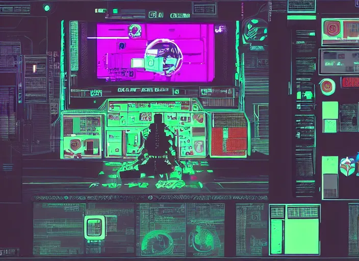 Image similar to simple cyberpunk graphics user interface ( gui ) depicting operational controls of a mech robot in the style of ghost in the shell. design by mark coleran or jayse hansen ( 1 9 9 1 )