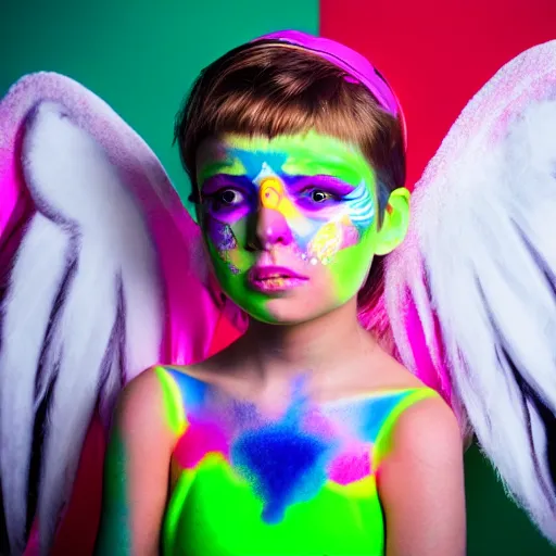 Prompt: photoshoot of a cute young woman with a tomboy hairstyle and angel wings. She has her face painted with neon paint