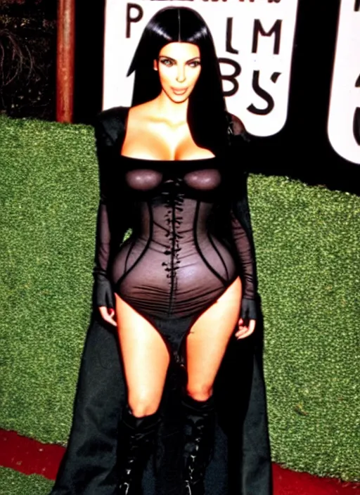 Image similar to candid photo of kim kardashian as a gothic vampire in the 1990s