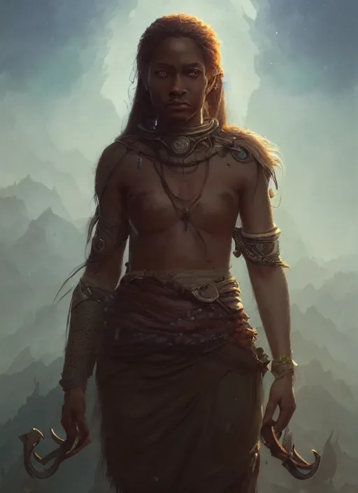 Prompt: highly detailed portrait of protagonist from elden ring, brown skin, adventure game, d & d, fantasy art by greg rutkowski, stanley artgerm, loish, rhads, tom bagshaw, global illumination, radiant light, detailed and intricate environment