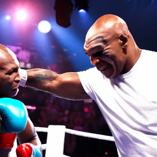 Prompt: dababy and mike tyson in a boxing ring 4 k quality super realistic