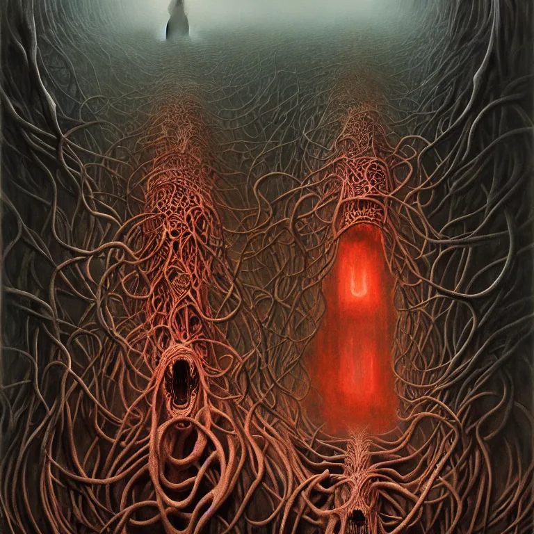 Prompt: art by Zdzislaw Beksinski detailed painting of the biomechanical elder god, intricate matte painting background, elegant horror artwork, many colors in eldritch nightmare, luxurious, ominous, 4k, cinematic, by Yoshitaka Amano, horizontally symmetrical, by Wayne Barlowe, trending on Artstation