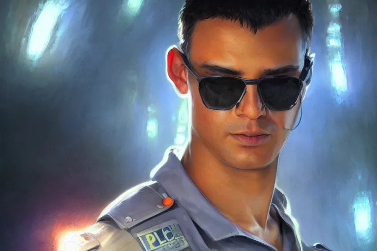 Image similar to Beautiful portrait of a translucent body glowing male police officer wearing cool shades. wide angle, magic, fire, darkness, dramatic lighting, Africa, intricate, wild, highly detailed, digital painting, artstation, concept art, smooth, sharp focus, illustration, art by artgerm and greg rutkowski and alphonse mucha, footage from space camera