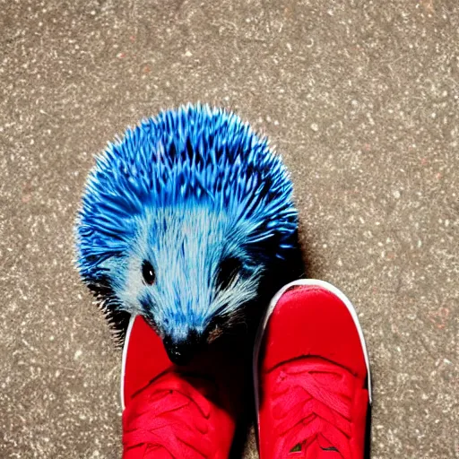 Image similar to photo of a realistic blue hedgehog wearing red shoes