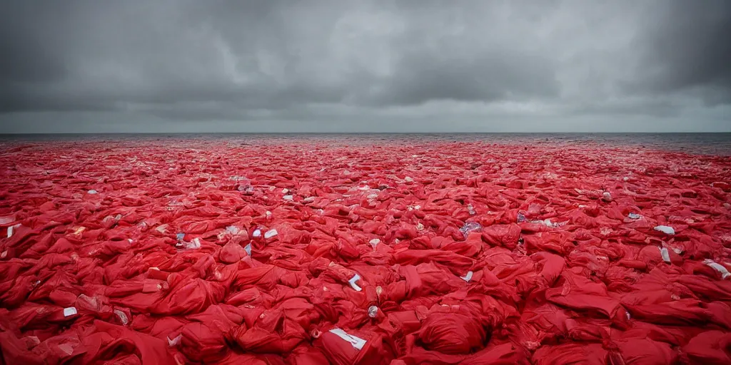 Prompt: photography of thousand of red garbage bags floating in the middle of a stormy ocean, photography by cindy sherman, cinematic, photography award winning, rule of thirds, golden ratio, phi