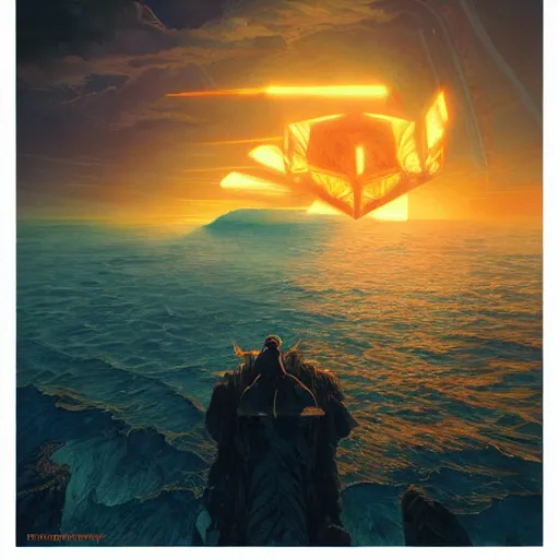 Image similar to psychedelic tron wings in front of a lsd sunset, cliffside ocean scene, diffuse lighting, hyper realistic, elegant, intricate, hyper detailed, smooth, sharp focus, concept art, illustration, trending on artstation, art by artem demura, greg rutkowski, james gurney, and alphonse mucha