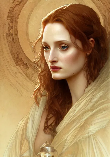 Prompt: sansa angeline jolie gessica chastain old mummy, intricate, elegant, highly detailed, digital painting, artstation, concept art, smooth, sharp focus, illustration, art by artgerm and greg rutkowski and alphonse mucha and william - adolphe bouguereau