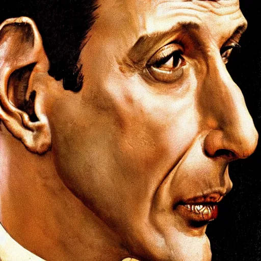 Image similar to norman rockwell painting of jeff goldblum, closeup face.