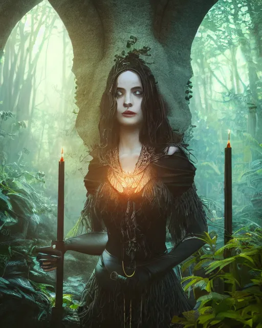 Prompt: Beautiful art portrait of Melissa Rquch as a fantasy gothic priestess in a bright temple surrounded by lush forest, atmospheric lighting, intricate detail, cgsociety, hyperrealistic, octane render, RPG portrait, ambient light, dynamic lighting