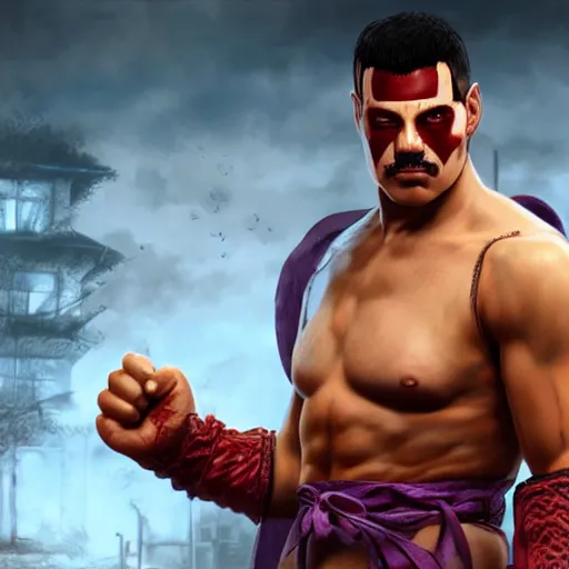 Image similar to freddy mercury as ryu street fighter, ultra realistic, concept art, intricate details, highly detailed, photorealistic, octane render, 8 k, unreal engine, art by frank frazetta, simon bisley, brom