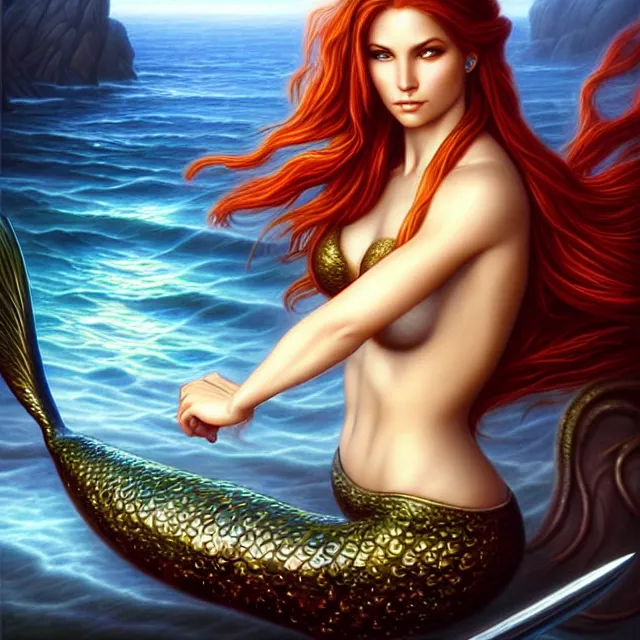 Image similar to beautiful!! mermaid warrior artgerm anne stokes highly detailed 8 k hdr smooth sharp focus high resolution award - winning photo photorealistic