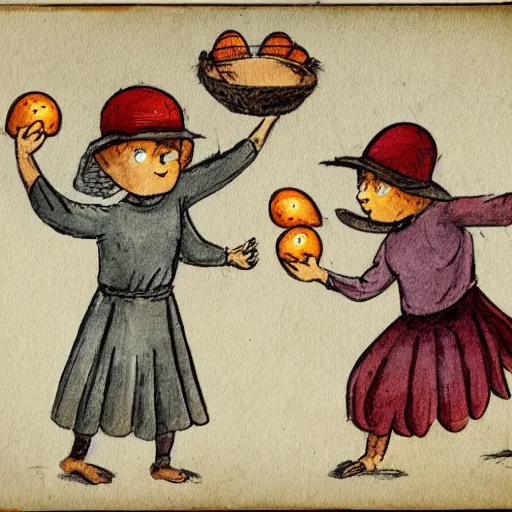 Image similar to two orphans with hats and middle ages simple clothes holding eggs with their arms, orphans running from a flying angry chicken, illustration for children, bright faded watercolor on grainy paper,. accurate anatomy. symmetry.