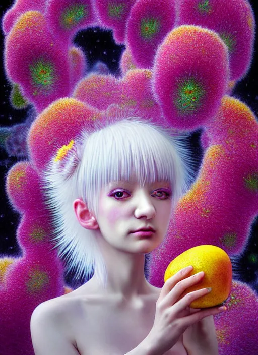 Prompt: hyper detailed 3d render like a Oil painting - kawaii portrait Aurora (white haired Singer Weasle) seen Eating of the Strangling network of yellowcake aerochrome and milky Fruit and Her delicate Hands hold of gossamer polyp blossoms bring iridescent fungal flowers whose spores black the foolish stars by Jacek Yerka, Ilya Kuvshinov, Mariusz Lewandowski, Houdini algorithmic generative render, Abstract brush strokes, Masterpiece, Edward Hopper and James Gilleard, Zdzislaw Beksinski, Mark Ryden, Wolfgang Lettl, hints of Yayoi Kasuma, octane render, 8k