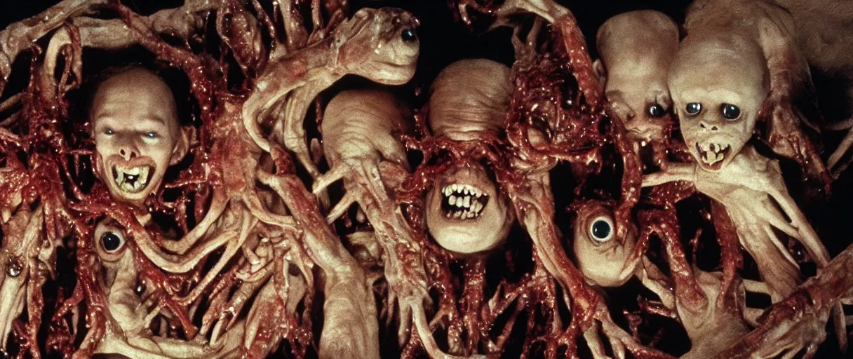 Image similar to filmic extreme wide shot movie still 4k UHD interior color photograph of multiple severed reanimated severed heads protruding out of a mutated abstract shape shifting organism with a variety of chimera animal limbs made of human internal organs, in the style of a horror film The Thing 1982