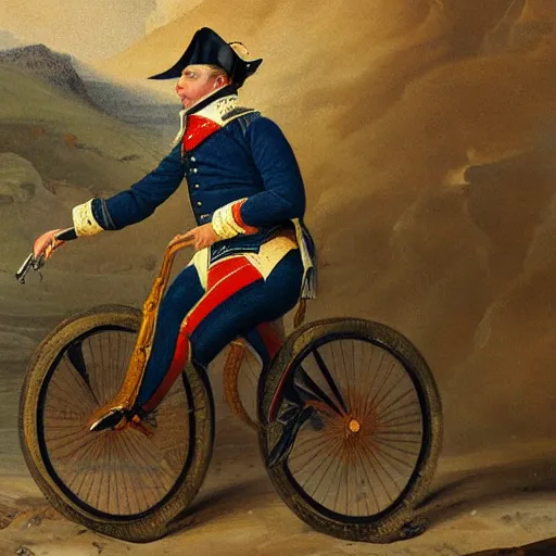 Prompt: Detailed oil painting of napoleon riding a bike