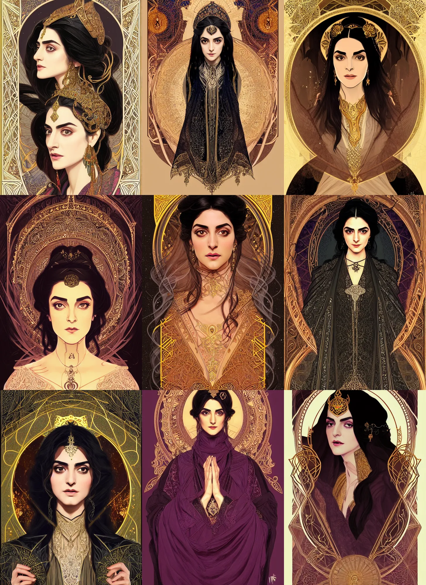 Prompt: centered portrait, Maya Ali as a D&D sorcerer, black hair, intricate robes, Art Nouveau, beautiful retro Fantasy heroine 1985, intricate, elegant, highly detailed, centered, digital painting, trending on artstation, concept art, smooth, sharp focus, illustration, art by rt by Mucha, Ilya Kuvshinov, WLOP