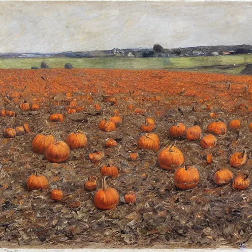 Prompt: a field of rotting pumpkins, by Sir James Guthrie, hyperrealism