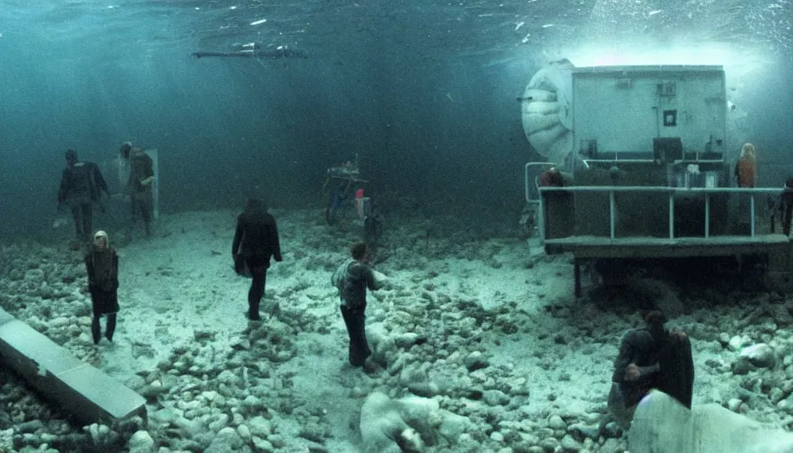 Prompt: Big budget horror movie, outside an undersea science building deep under water