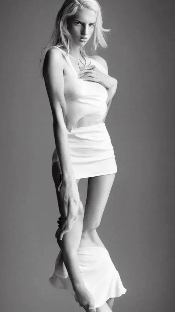 Prompt: sexy beautiful studio photo of emily skinner, looking like annie leonhart, very beautiful slim legs, wearing heels and white short dress, in a white room, pale skin, bokeh, very very very very beautiful!!, hard focus, sexy dominant pose, full body shot, 9 0 mm, f / 1. 2 5, cover. photo : david roemer